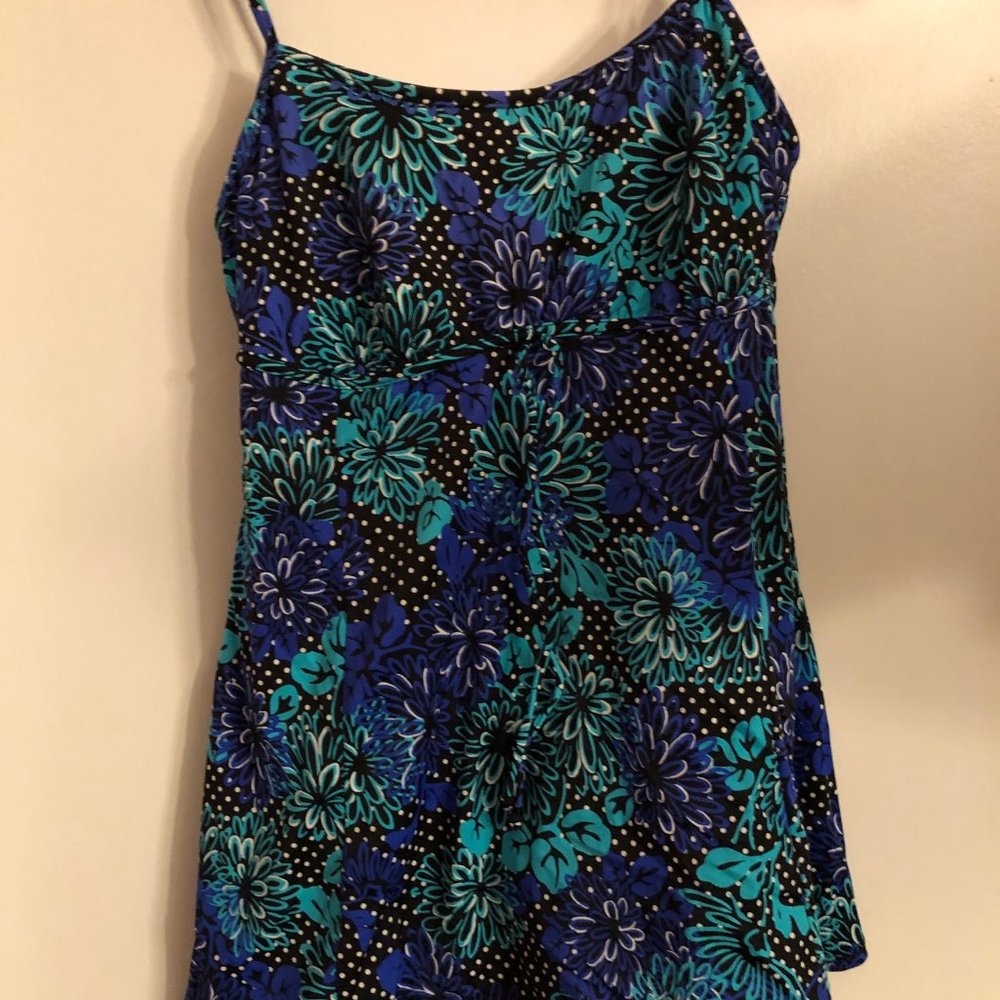 Tropical Escape Swim Suit Black w/polka dots and flowers Size 14
